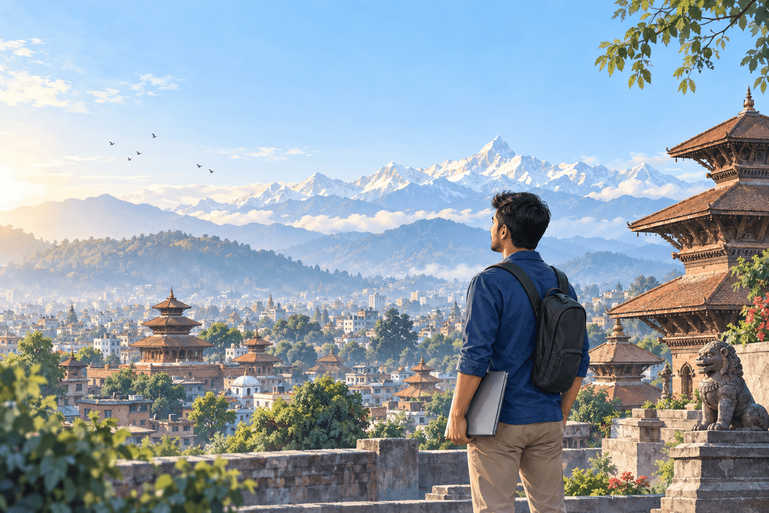 A Nepali professional looking toward Kathmandu and the Himalayas